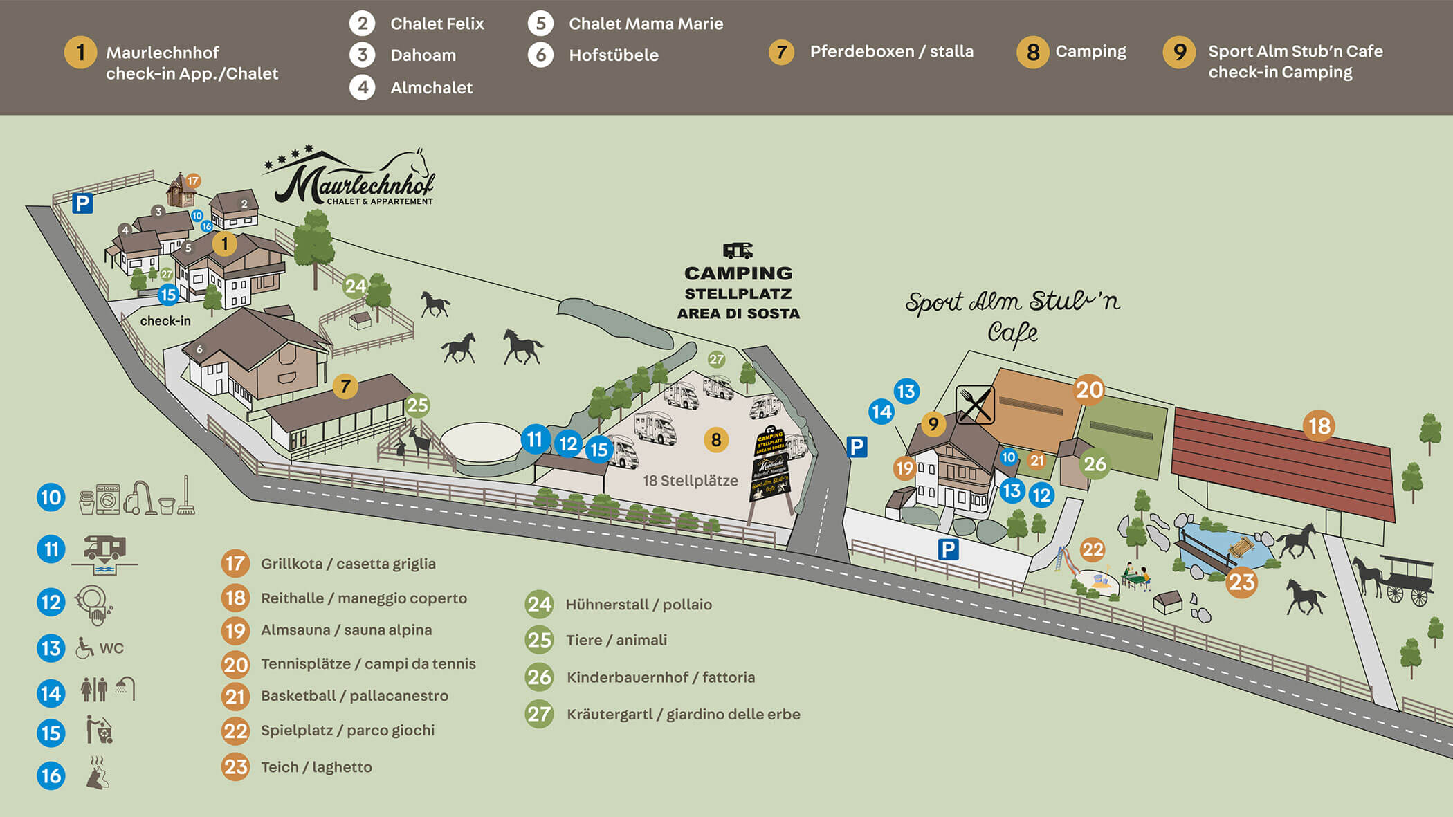 Kartendarstellung eines Campingplatzes mit beschrifteten Einrichtungen, Gebäuden, Pferdeställen und Parkplätzen. - Maurlechnhof