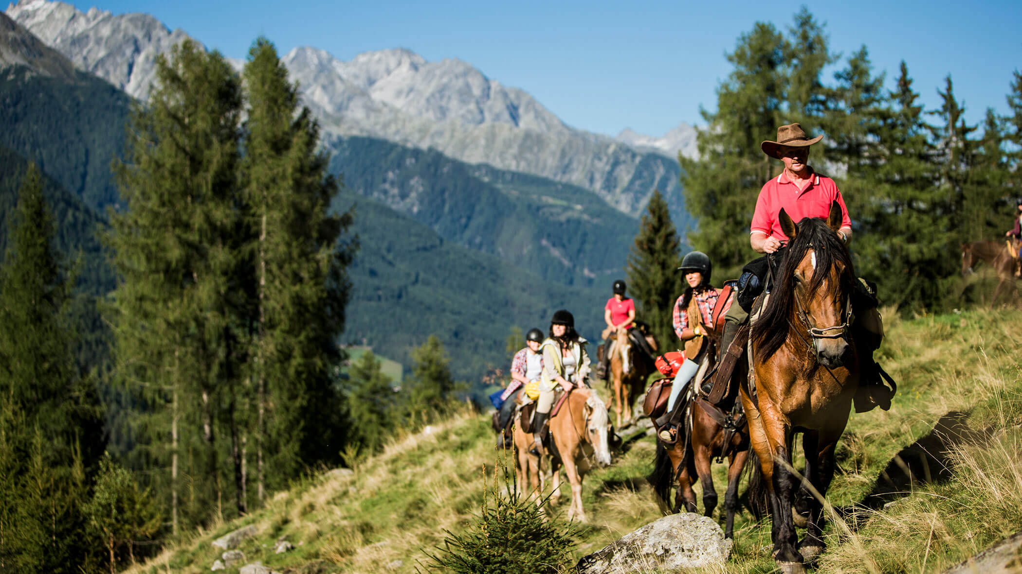 A group of people horseback riding on a grassy mountain trail with trees and mountains in the background. - Maurlechnhof