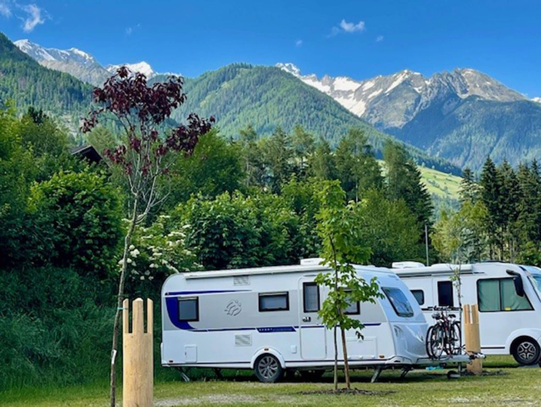 Weiße Wohnmobile, geparkt auf einer Wiese mit Bäumen und schneebedeckten Bergen im Hintergrund unter einem blauen Himmel. - Maurlechnhof